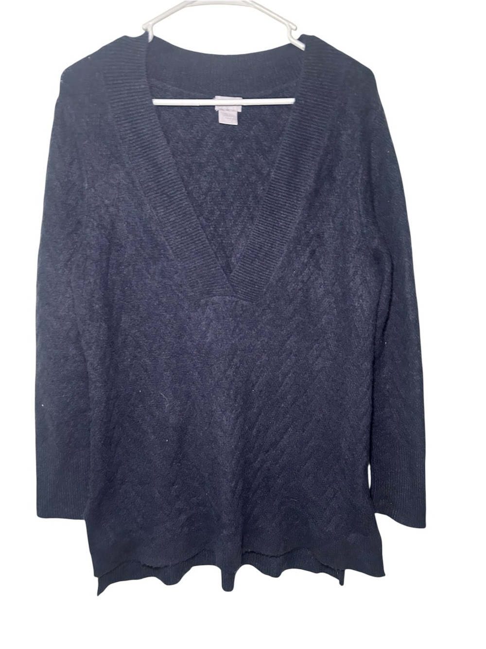 Chico Plus Size Wool Blend V-neck Textured Knit Sweater Navy Blue Warm 1X Long